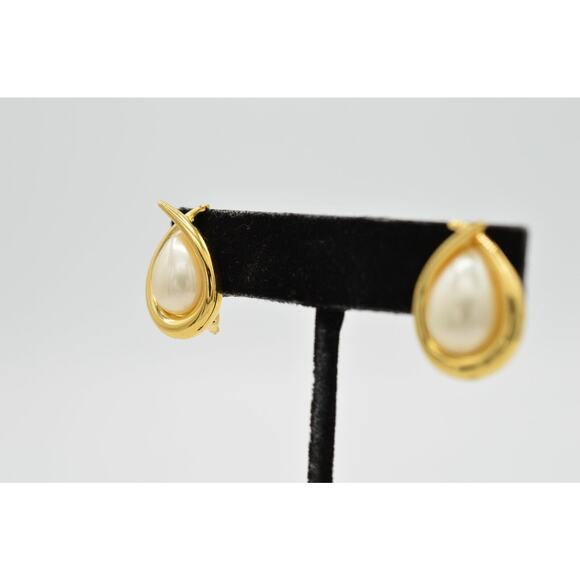 FO Vintage Earrings Clip Pearl Teardrop Gold Fernando Original Signed NOS 80s 9L - Picture 3 of 8